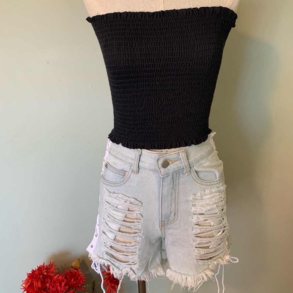 Lace distressed jean shorts